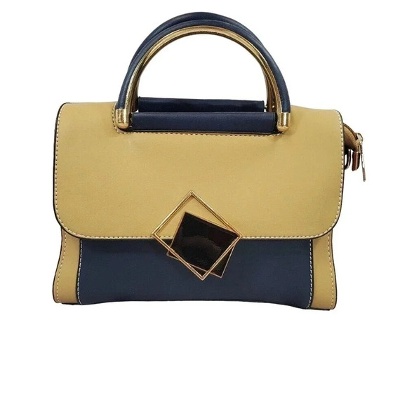 Blue and Tan Two-Tone Cross Body Purse With Golden Accents, Adjustable Strap - Picture 3 of 7